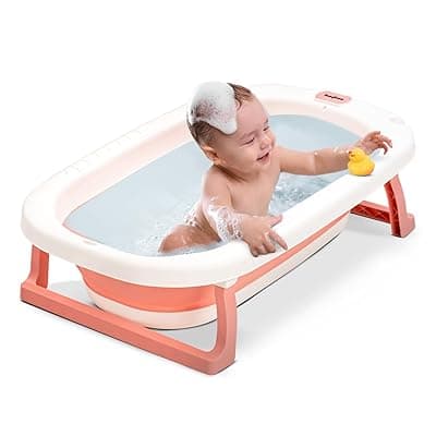 Baybee Bath Tub for Baby 0-5 Years, Foldable Baby Bathtub for Kids with Anti Skid Base &amp; Drainer, Mini Swimming Pool for Babies, Easy to Store, Newborn Baby Folding Bathing Tub for Girls &amp; Boys (Pink)