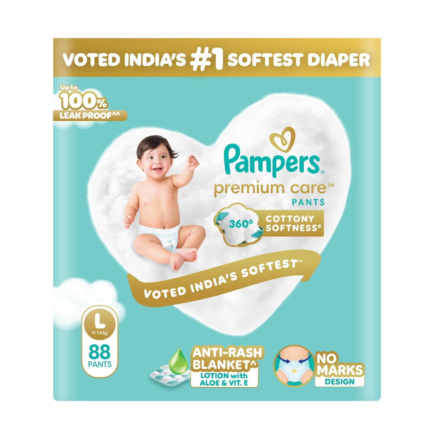 Pampers Premium Care Pant Style Baby Diapers | Large (L size) | 88 Count | Voted India's Softest | All-in-1 with 360 Cottony Softness Diapers| 9-14kg