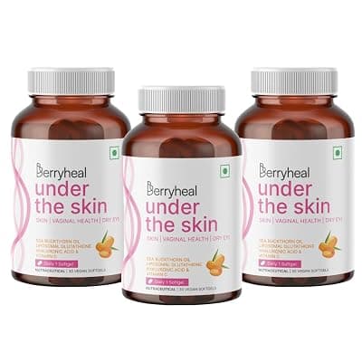 Under The Skin L-Glutathione (250mg), Hyaluronic Acid, Vitamin C, Sea Buckthorn (Omega 3679) Vegan Skin Supplement for Glow, Hydration, Collagen Booster &amp; Anti-Ageing | 90 Capsules for Women