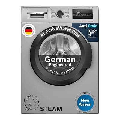 Bosch 8 kg, 5 Star, AI Active Water+, Anti-Tangle, Steam Anti Bacterial, Anti-Wrinkle Fully-Automatic Front Loading Washing Machine (WAJ2826BIN, In-Built Heater, Shiny Silver)