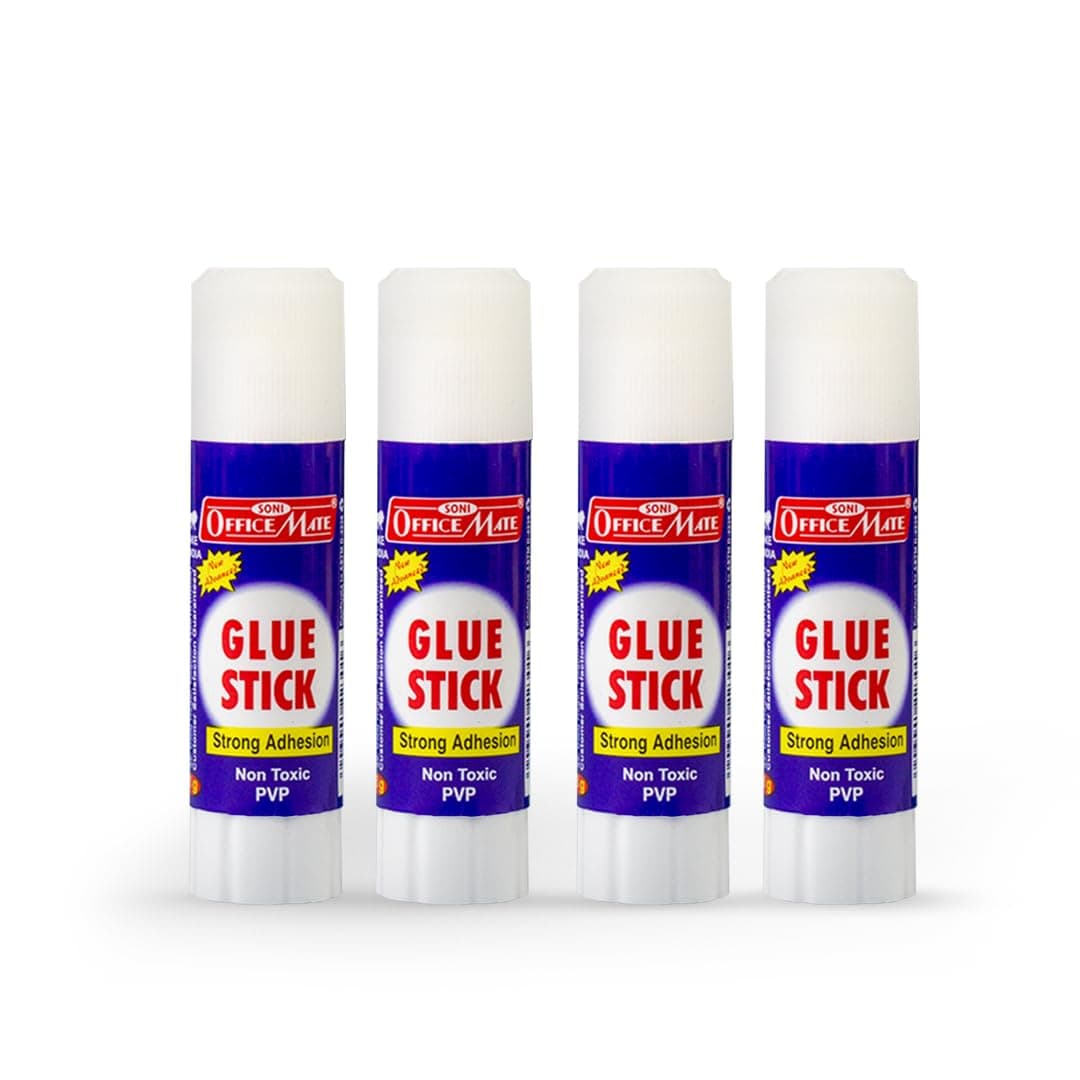 Soni Officemate Glue Stick 8 gm Pack of 4 | Strong Hold, Quick-Dry PVP Adhesive | Child-Safe & Multi-Purpose | Ideal for DIY, School, Office & Craft Use