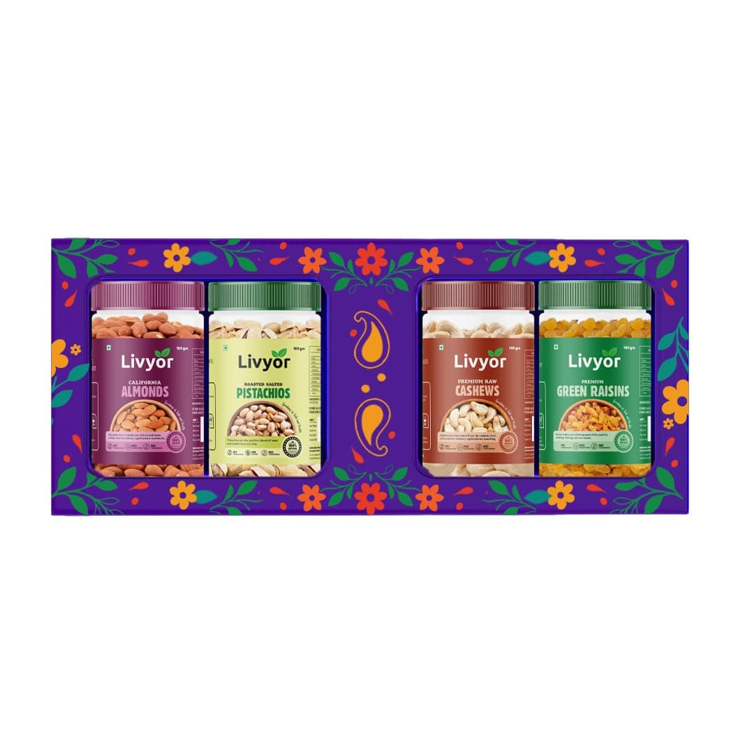Livyor Premium Dry Fruits Combo Pack for eating - 400g | 100g each | Cashews, Pistachios, Almonds, Green Raisins | Family Snacks Pack | Winter Essentials | Combo of 4 Healthy Assortments | Dry Fruits & Nuts Combo | Nutrient-Rich Treats for Family | Healthy and Tasty | Gourmet Snack | Best Gifting Option | Pack of 4