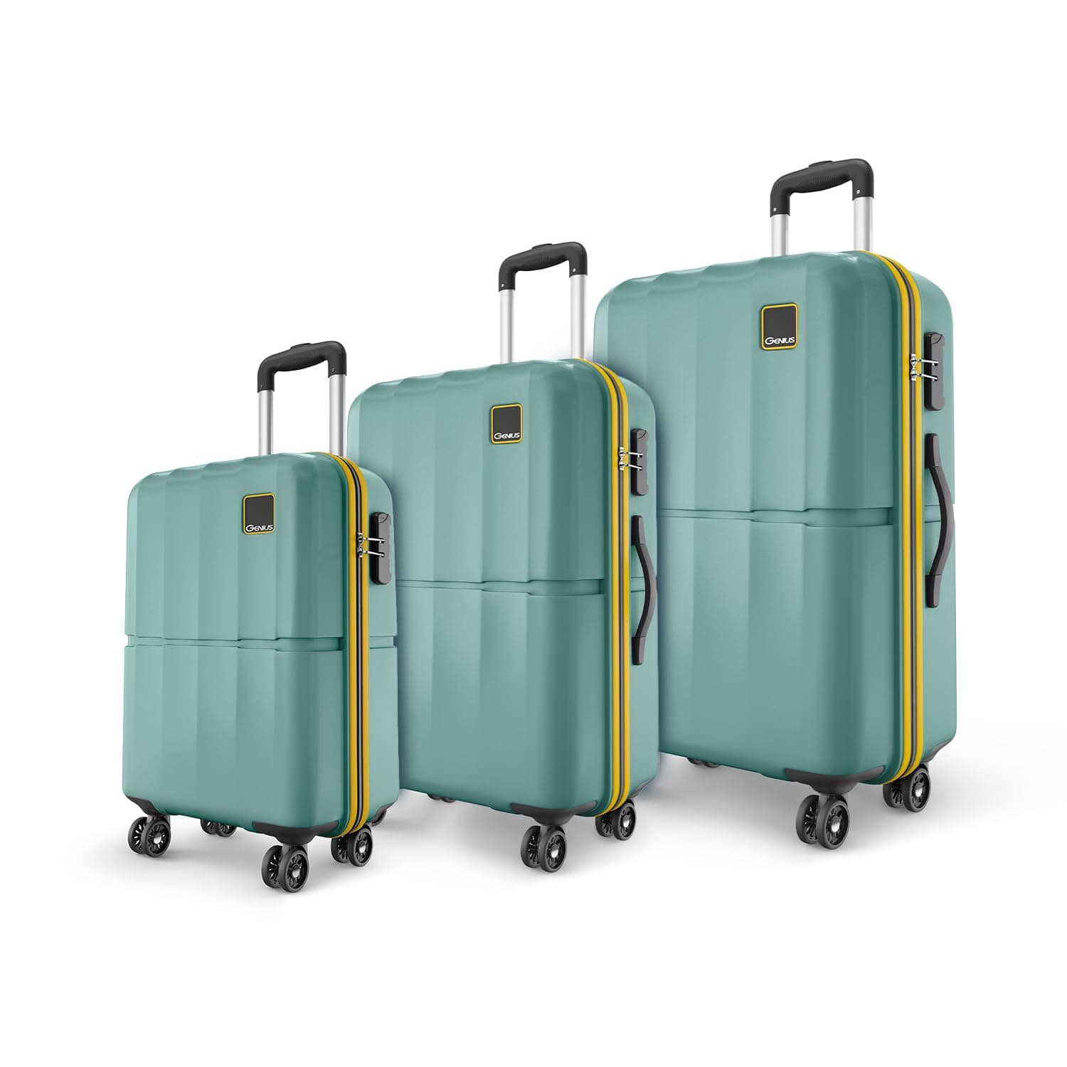 Safari Genius Theo 8 Wheels Set of 3 (Cabin + Medium + Large) Trolley Bags, Hard Case Polycarbonate, 360 Degree Wheeling Luggage, Suitcase for Travel, Trolley Bags for Travel, Sage Green