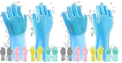 FILOPPS Silicone Hand Gloves For Dish Washing Pet Grooming, Car Wash, Bathroom Cleaning, And Kitchen Pack of 2 (Multicolour)