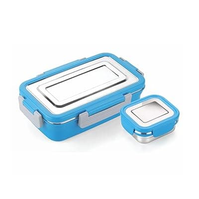 SignoraWare Smiley Stainless Steel Lunch Box | Airtight & Leakproof Lid | Compact & Lightweight | Tiffin for Office, School & Travel Use | Easy to Clean (700ml+130ml | TBlue)