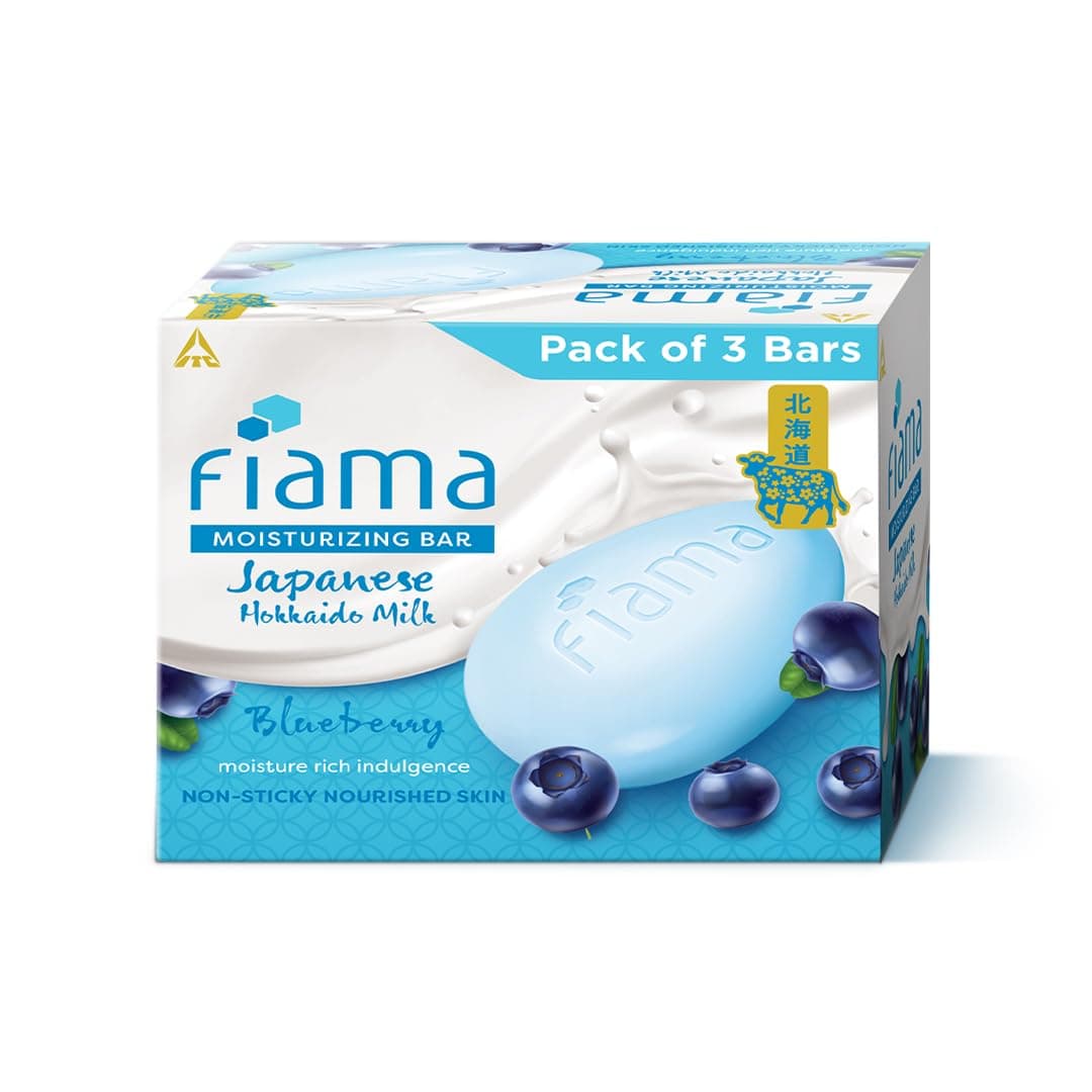 Fiama Skin Barrier Strengthening Moisturizing Soap Bar 125gx3, Blueberry & Japanese Hokkaido Milk Celebration Pack of 3, Non-Sticky Soft Skin, 1/3rd Moisturizers, For Men & Women