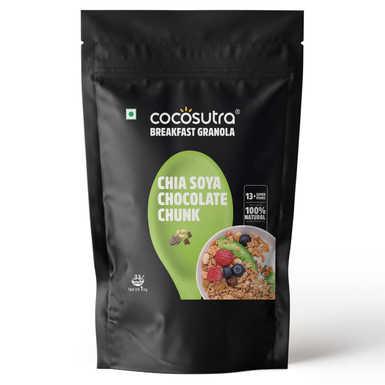 COCOSUTRA Chia Soya Chocolate Chunk Breakfast Granola 1 kg | With Natural & Gluten Free ingredients| High Protein Cereal with Oats, Nuts, Seeds and Dry Fruits | Lightly sweetened with Jaggery