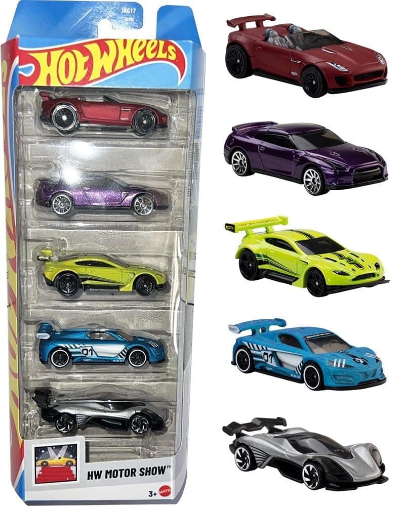 Hot Wheels Car 2026 Motor Show Pack of 5 (15 Jaguar F-Type Project 7, 2009 Nissan GT-R, Aston Martin Vantage GT3, Celero GT, Renault Sport R.S. 01) Multi - Color