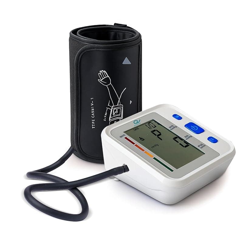 Q DEVICES Automatic Blood Pressure Monitor, LCD Display Gives Accurate Reading Pulse Rate, Memory 99 Readings 2 user profiles, 360° Stylish Extra-Wide Cuff Fits Arms Comfortably