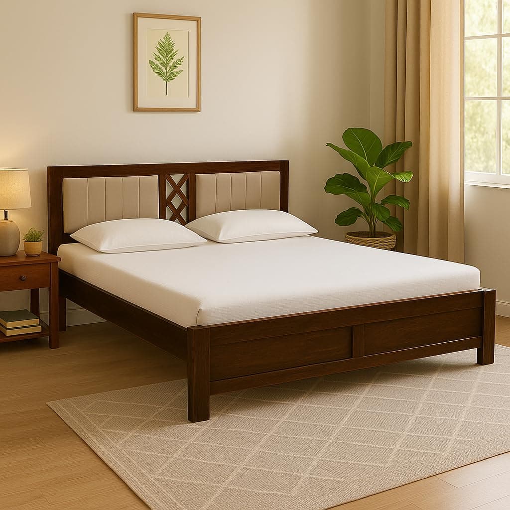EXCEL International Solid Sheesham Wood Queen Size Bed Without Storage | Wooden Double Bed & Upholstered Cushined Headboard for Bedroom | Rosewood, Provincial Teak Finish