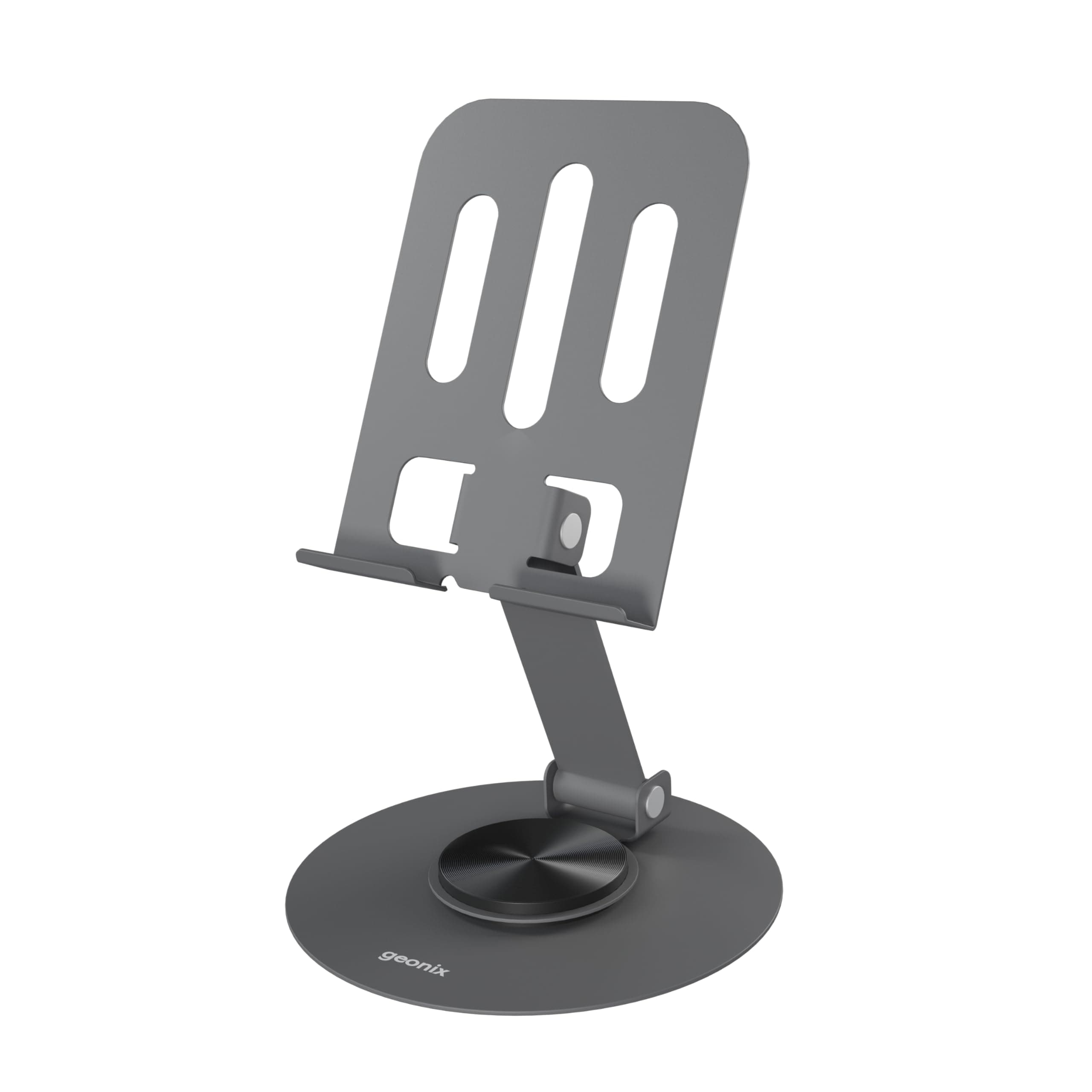 Geonix Trek M3 360° Rotatable & Foldable Mobile Phone Stand – Metallic, Adjustable Height & Angle, Universal Holder for Smartphones & Tablets (Grey)