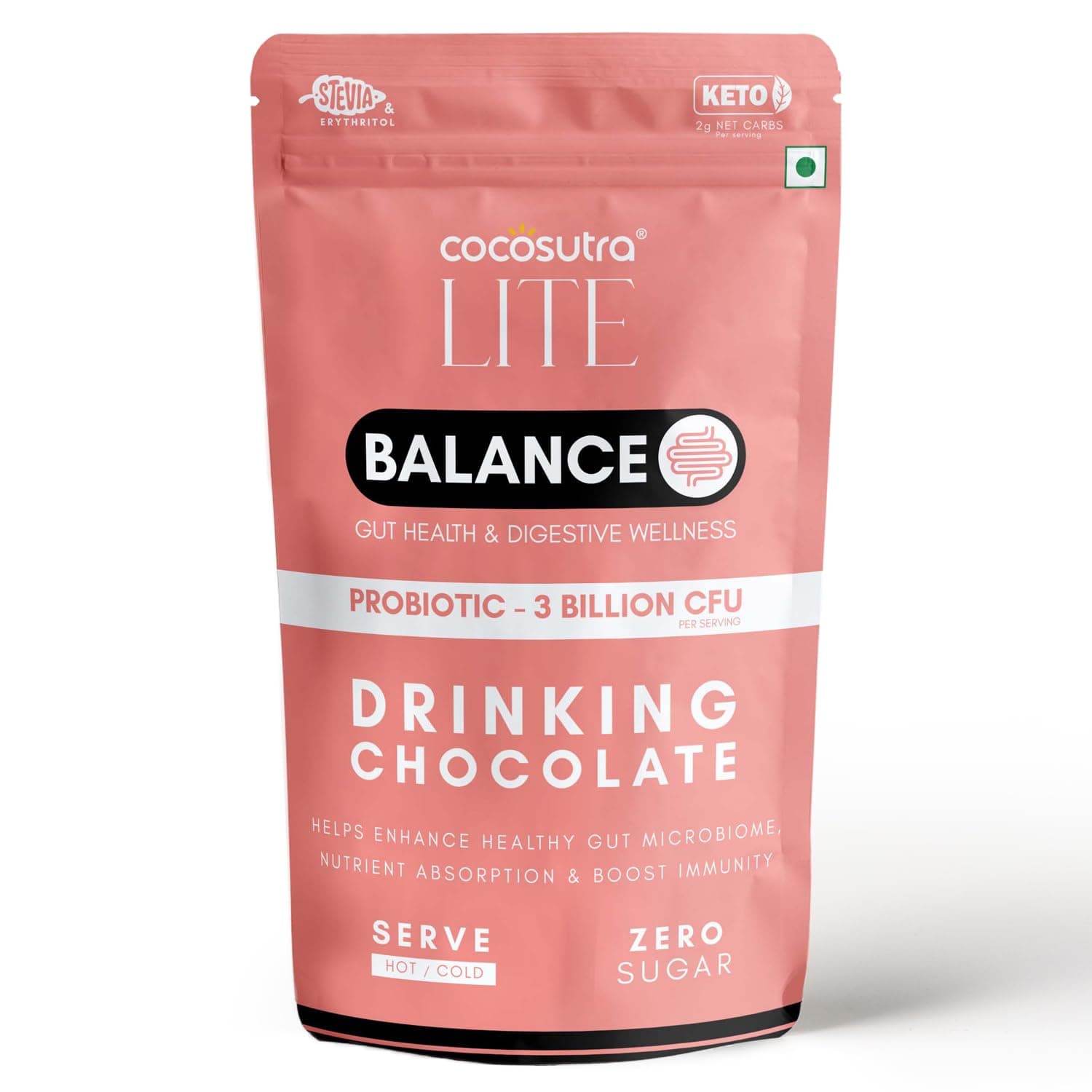 Cocosutra BALANCE Sugar Free Drinking Chocolate Mix | Gut Health & Digestive Wellness | Boosts Immunity | Good Bacteria Support | Keto Friendly | Enjoy hot or cold | 200 g | Gut Health & Digestive Wellness Probiotic, Boosts Immunity, Vegan, Keto Friendly, Enjoy Hot or Cold