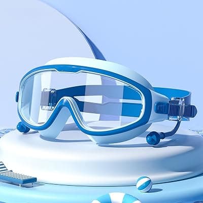 wolpin Silicone Swimming Goggles with Ear Plugs for Kids & Free Protective Case Clear Lens Big Frame Competition Leakproof Swim Goggles with UV and Anti Fog Protection, Blue (3-14 Yrs)