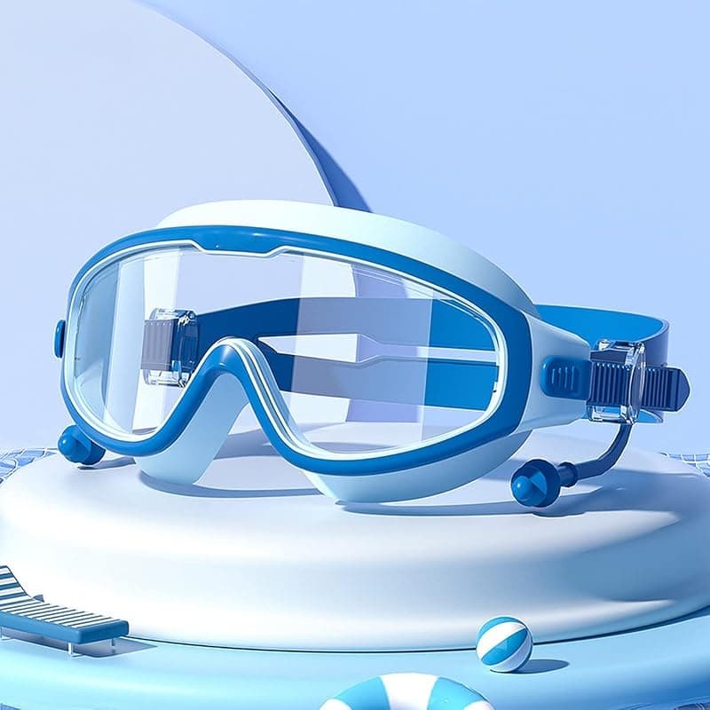 wolpin Silicone Swimming Goggles with Ear Plugs for Kids & Free Protective Case Clear Lens Big Frame Competition Leakproof Swim Goggles with UV and Anti Fog Protection, Blue (3-14 Yrs)
