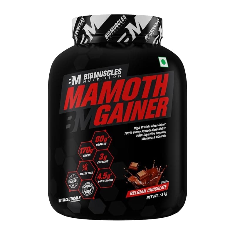 Bigmuscles Nutrition Mamoth Gainer Powder [Belgian Chocolate, 3Kg]|High Protein Muscle Mass &amp; Weight Gainer|With Vitamins &amp; Minerals, Creatine &amp; Digestive Enzymes, 3000 Grams
