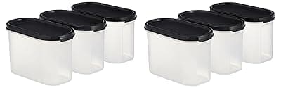 Amazon Brand - Solimo Antimicrobial Modular Plastic Storage Containers with Lid (1200 ml Each) | Stackable | BPA-Free | Microwave Safe | Multipurpose Use for Snacks, Spices, & More (Set of 6) (Black)
