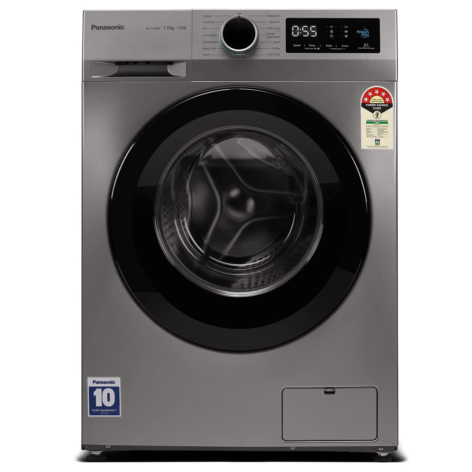 Panasonic 7 kg 5 Star Built-in Heater Fully Automatic Front Loading Washing Machine (NA-127MB3L01, Grey)