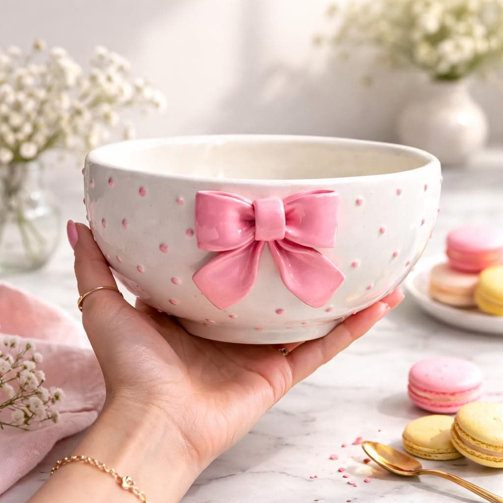 The Deluxe Creations Ceramic Serving Bowl with Pink Bow | Handmade Soup & Dessert Bowl | Aesthetic Gift Bowl for Girls | Breakfast Cereal Bowl | 500 ML