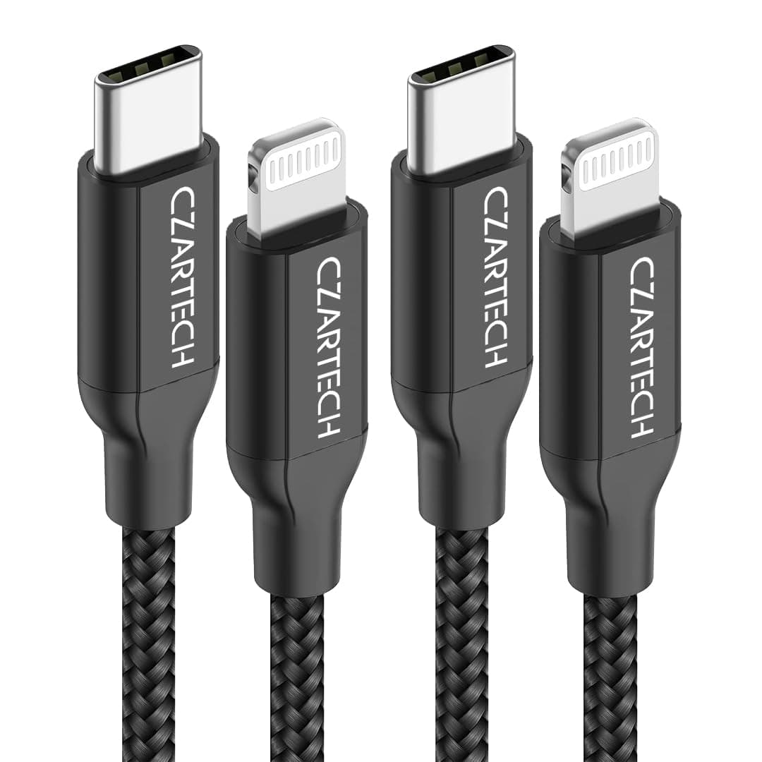 CZARTECH [1.2 Mt USB-C 20W Fast Charging cable Compatible with i-Phone,14,13, 12,11, X, 8, 7, 6, 5, i-Pad iPad Air and More [Nylon Braided,Black - Pack of 2]