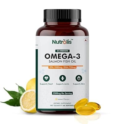 Omega-3 Salmon Fish Oil Capsules 2500mg – Lemon Flavour Triple Strength Supplement for Heart, Brain, Joint Health, Cholesterol Management &amp; Immune Support | 1080mg EPA and 720mg DHA | – 60 Softgels