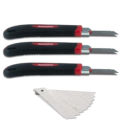 AGARO Retractable Heavy Duty 18 mm Cutter Utility Knife (Set of 3), 3 Preloaded &amp; 10pcs Extra Blades In Container, Comfortable Rubber Grip Handle, Red &amp; Black