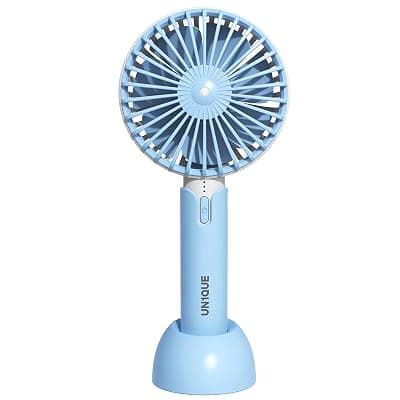 UN1QUE Mini Fan Portable Hand Fan with Powerful Brushless Motor - Small, Lightweight,3 Speeds,USB Rechargeable for Indoor and Outdoor Use by Women and Men Table Standing Base Included-Blue