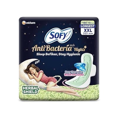 Sofy Women Anti Bacteria Longest XXL Sanitary Pads |Night Protection|Wider Hip Guard| Deep Absorption | Herbal Shield | Hygiene &amp; Herbs | XX-Large, Pack Of 15