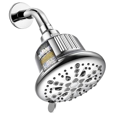 ALTON FLT40510, 5-INCH, 7-Function, 15-Stage Shower Head Filter For Hard Water With Shower Arm and Flange | Water Softener For Bathroom | Silver