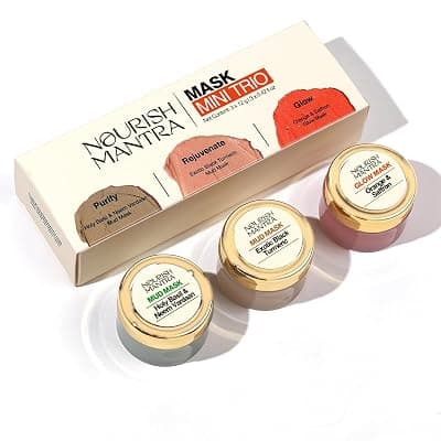 Nourish Mantra mask Mini Trio Face Care Kit | Holy Basil & Neem Vardaan Mud Mask, Exotic Black Turmeric Mud mask, Orange & Saffron Avanda Glow | for Rejuvenated & Glowing Skin (12g each)