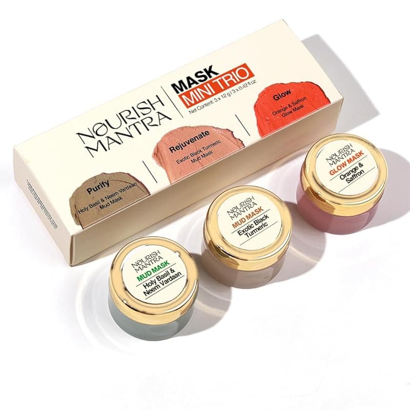 Nourish Mantra mask Mini Trio Face Care Kit | Holy Basil & Neem Vardaan Mud Mask, Exotic Black Turmeric Mud mask, Orange & Saffron Avanda Glow | for Rejuvenated & Glowing Skin (12g each)