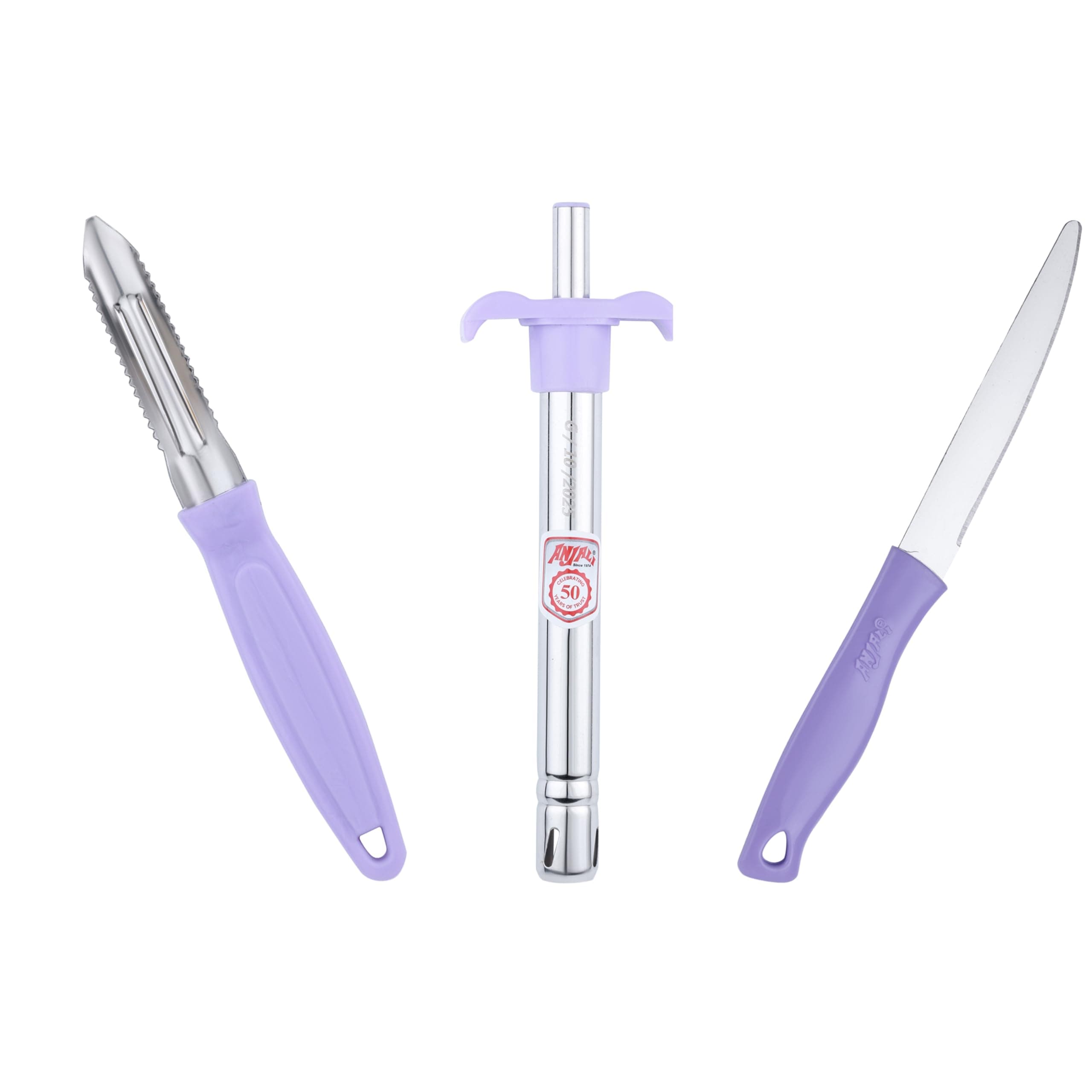 Anjali 3-Piece Kitchen Tool Set – 1 Knife, 1 Peeler, 1 Lighter – Ideal for Cooking, Food Prep, and Various Uses for Home and Kitchen- Purple