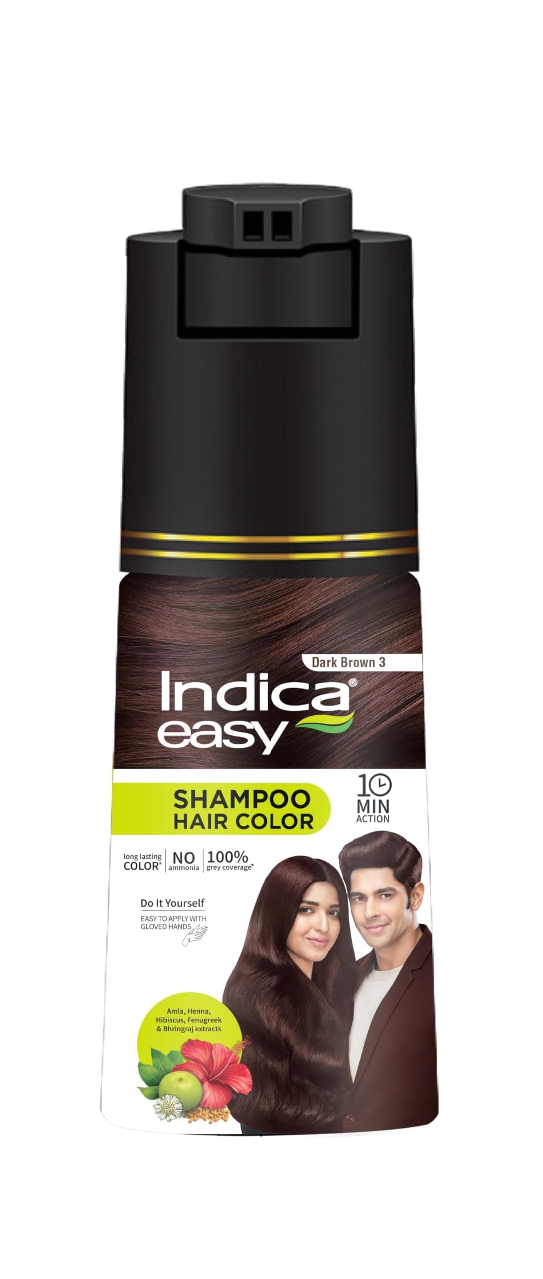 Indica Easy Do-It-Yourself Hair Color Shampoo Pump Pack with 5 Herbal Extracts and 100% Ammonia Free, Long Lasting Formula, 180 ML - Natural Brown Colour (Gloves Included)
