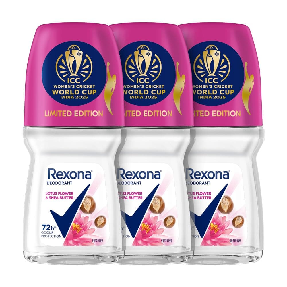 Rexona Lotus Flower & Shea Butter Antiperspirant Roll-On | for Women |72H Odour Protection | Limited Edition Pack - ICC Women’s Cricket World Cup India 2025 |50 ML (Pack of 3)