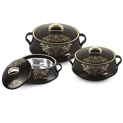 Cello Midas Insulated Inner Steel Casserole Set of 3, Black, (500ml, 1000ml, 1500ml)| Hot Box for Kitchen | Hot Pot for Home | Chapati Box | Locks in The Cold & Heat for Long | Serving Bowl with Lid
