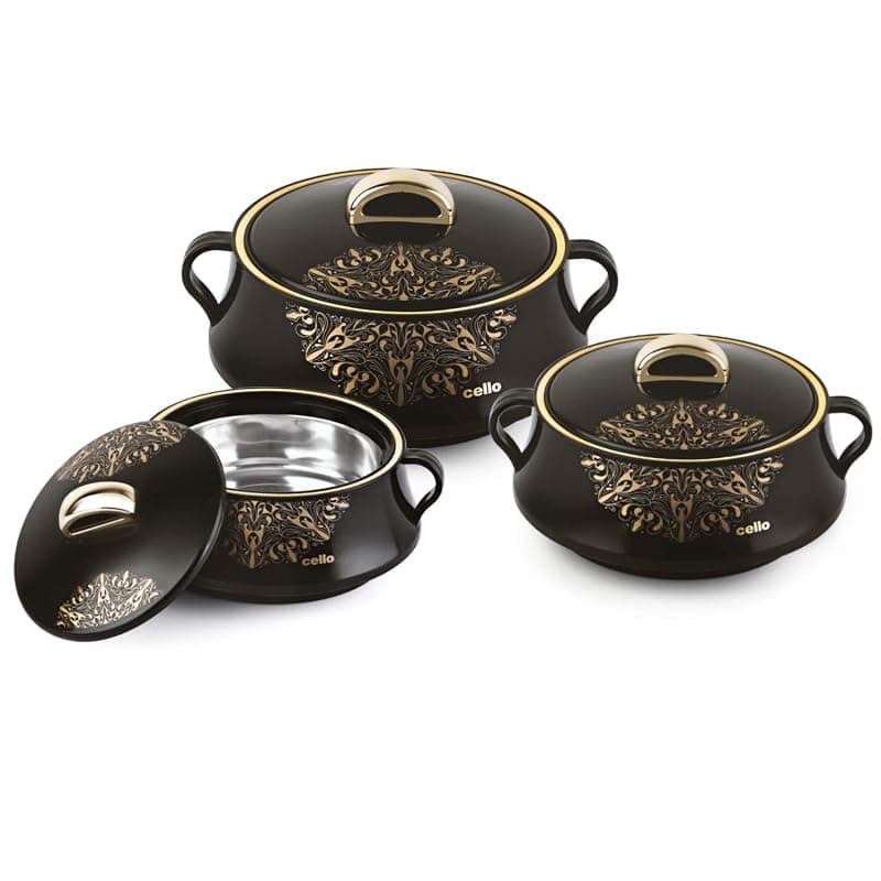 Cello Midas Insulated Inner Steel Casserole Set of 3, Black, (500ml, 1000ml, 1500ml)| Hot Box for Kitchen | Hot Pot for Home | Chapati Box | Locks in The Cold & Heat for Long | Serving Bowl with Lid