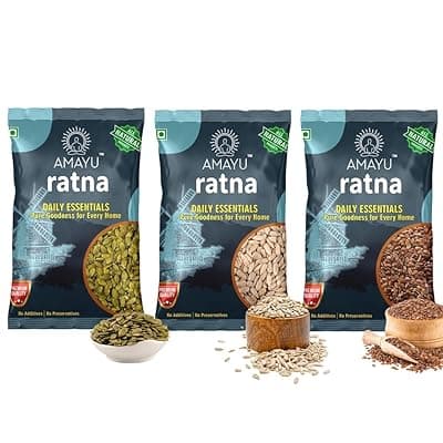 Amayu Ratna Raw Seeds Combo Pack (600gm) Pumpkin, Sunflower &amp; Flax | Edible Healthy Seeds for Eating | Rich in High Protein &amp; Fiber | Natural Superfood for Digestion, Immunity &amp; Weight Wellness (200gm Each)