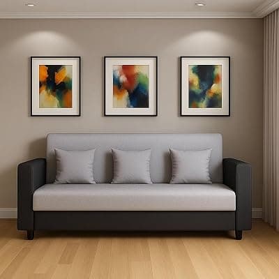 FURNY Lizza 3 Seater Fabric Sofa Set (Light Grey-Black in Velvet Fabric)