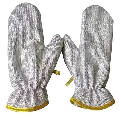 Steel Wired Dishwashing Hand Gloves - Non Scratch wire , Durable, Waterproof, Heat Insulated, Reusable Cleaning Gloves for Dish Washing, Bathroom Tiles, Kitchen Tasks, One Pair, Silver, Metallic