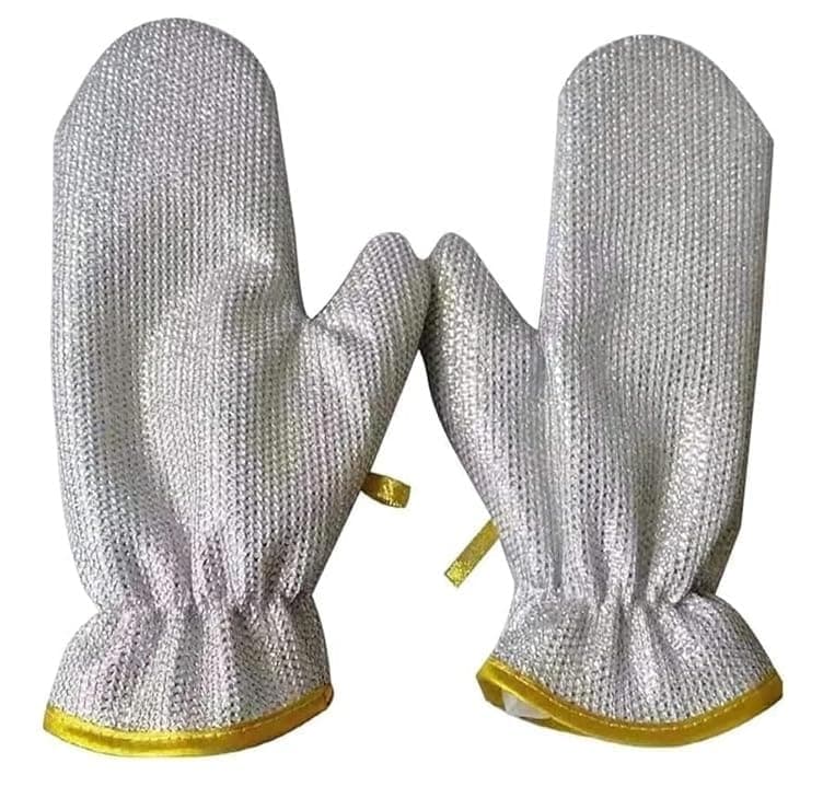 Steel Wired Dishwashing Hand Gloves - Non Scratch wire , Durable, Waterproof, Heat Insulated, Reusable Cleaning Gloves for Dish Washing, Bathroom Tiles, Kitchen Tasks, One Pair, Silver, Metallic