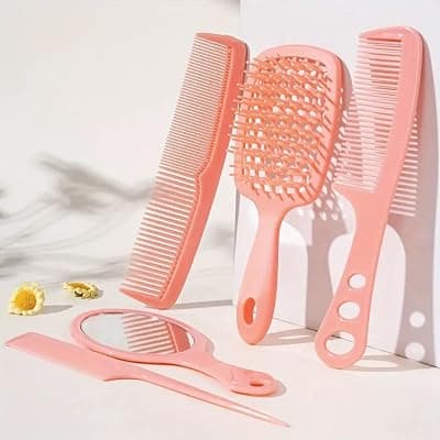 5-in-1 Hair Comb &amp; Mirror Set | Detangling Hair Brush, Styling, Wide Tooth, Tail Comb &amp; Hand Mirror | Unisex Comb Set for Men, Women &amp; Kids | Durable ABS Plastic (ORANGE)
