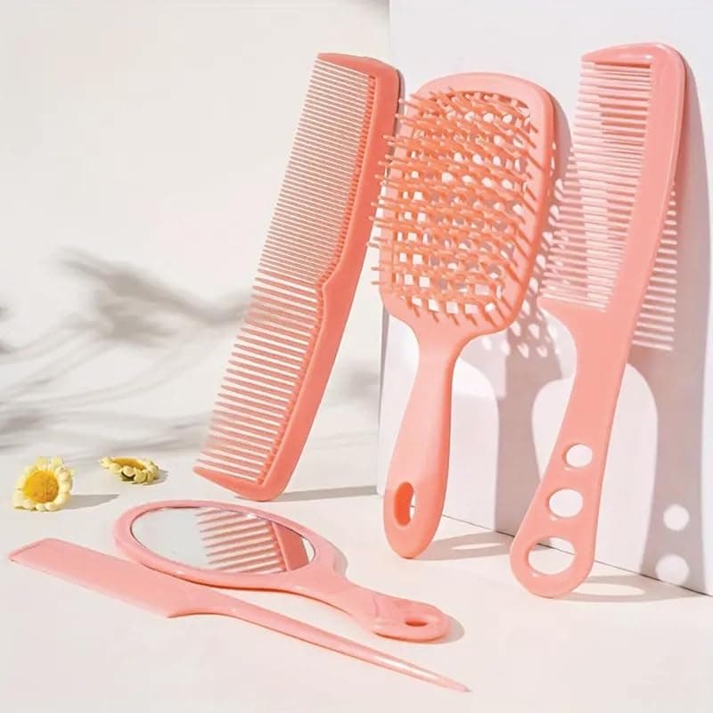 5-in-1 Hair Comb &amp; Mirror Set | Detangling Hair Brush, Styling, Wide Tooth, Tail Comb &amp; Hand Mirror | Unisex Comb Set for Men, Women &amp; Kids | Durable ABS Plastic (ORANGE)