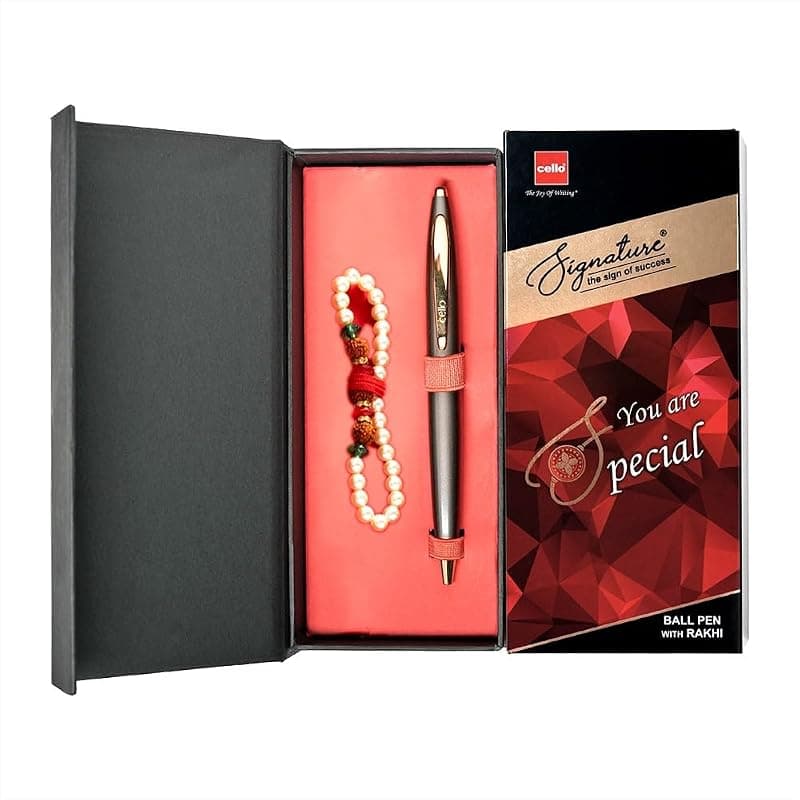 Cello Signature Pen Gift Set | Blue Ink | Pack Of 1 Rakhi &amp; 1 Ball Pen | Premium Metal Pens for Office Use | Corporate Gifting | Stylish Gifts for Diwali|Rakhi Set |Gifts for Men and Women