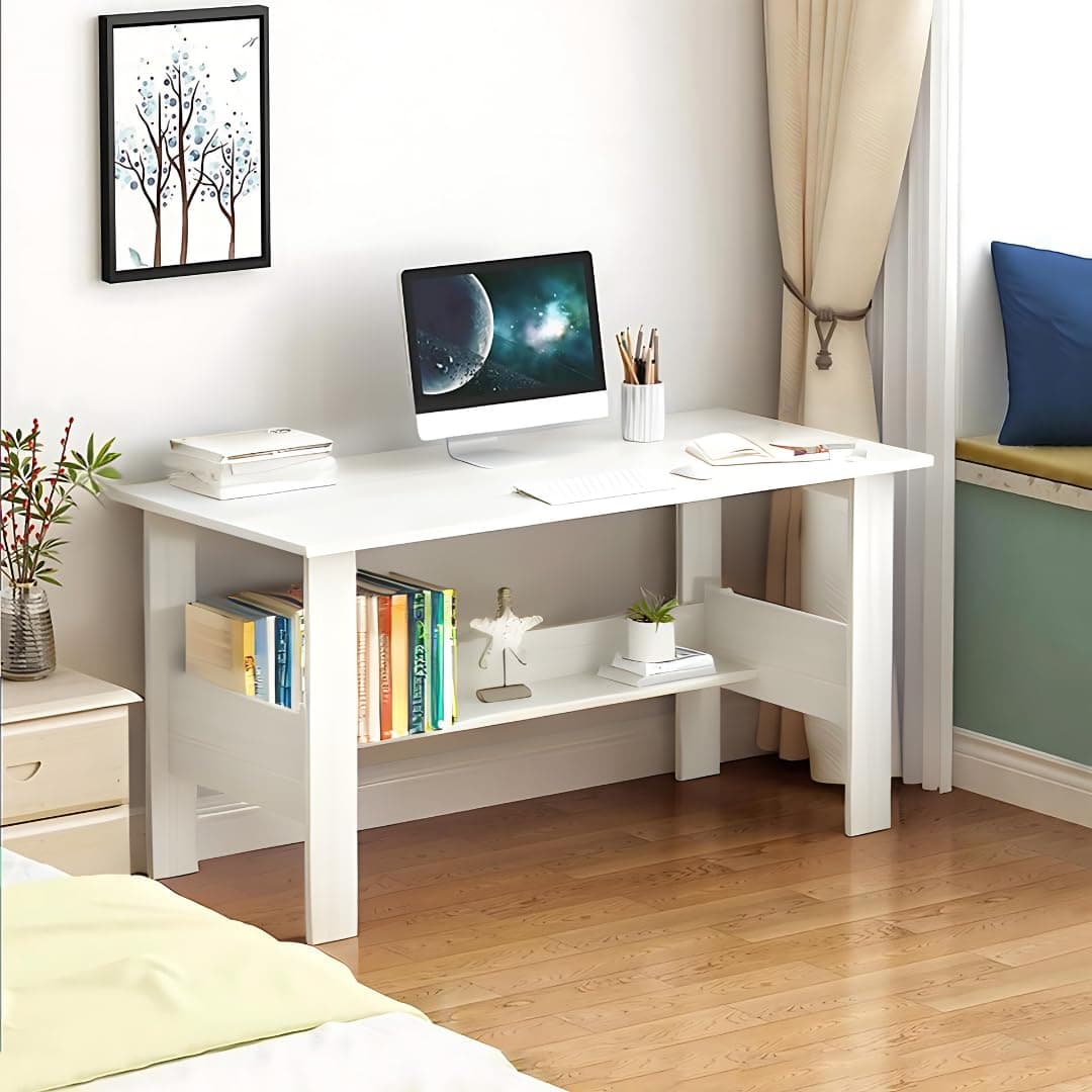 MATTERHORN Engineered Wood Office Table, Work from Home Table with Shelf for Storage (DIY, 900 x 500 x 800 cm, RMOOT-10001EbonyBlack) (WhiteMist)