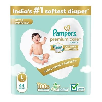 Pampers Premium Care Pant Style Baby Diapers | Large (L size) | 44 Count | Voted India's Softest | All-in-1 with 360 Cottony Softness Diapers | 9-14kg