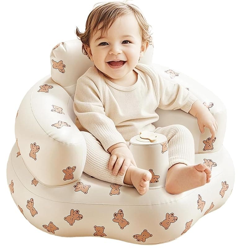 Blow-Up Baby Seat with Backrest – Toddler Floor Chair for Sitting Up – Inflatable Chair with Built-in Pump for 3+ Months – 1 Pc – Multicolor