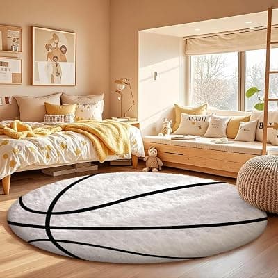 Shaggy Round Carpet – Soft Fluffy Anti-Skid Washable Plush Rug, Thick Modern Decorative Floor Mat for Bedroom, Living Room &amp; Kids Room-ETC Color (Basket,Ball White_Size,5x5 feet)