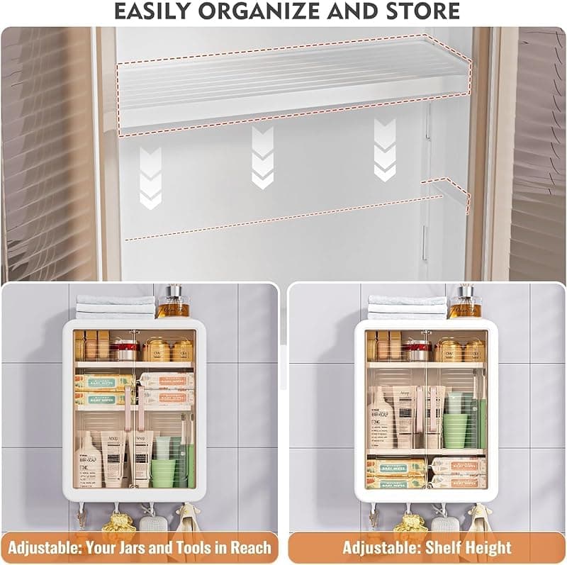 Wall-Mounted Multipurpose Storage Cabinet with Doors &amp; Shelves, Self-Adhesive Bathroom and Kitchen Organizer for Toiletries, Spices, Cleaning Supplies &amp; Daily Essentials