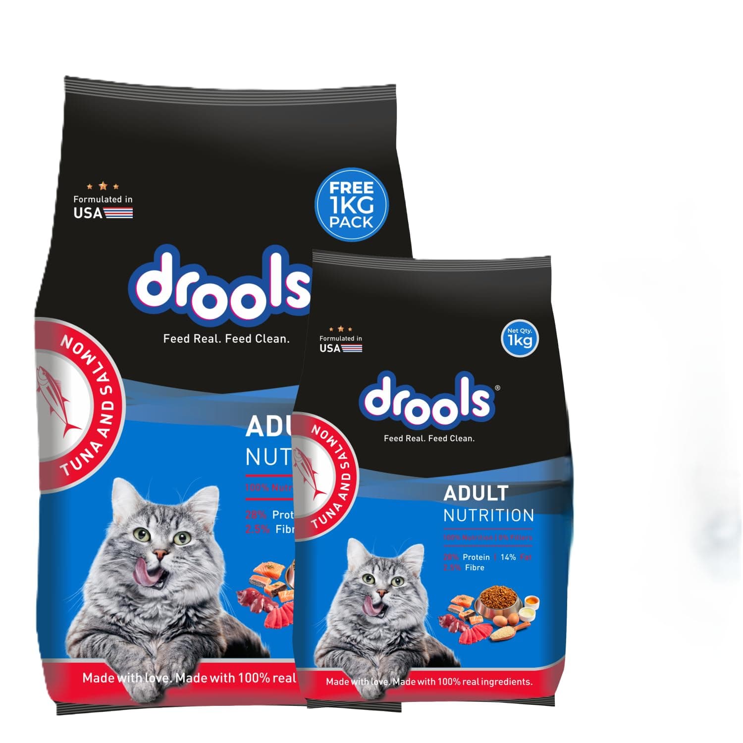 Drools Adult Dry Cat Food (2.8kg+1kg) 3.8kg | Tuna & Salmon | Better Vision & Shiny Coat | Complete Nutrition | No Preservatives