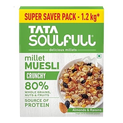 Tata Soulfull Crunchy Millet Muesli, 1.2 kg, Contains Wholegrains Nuts &amp; Fruits, Source of Protien, High Fibre, Contains Ragi &amp; Jowar