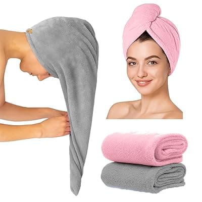 Hair Towel Wrap for Women-Quick Drying Microfiber Towel for Hair with Elastic Loop for Tying-Super Absorbent Head Towels Wrap for Ladies Hair Turban (Pack of 2-Grey & Pink)